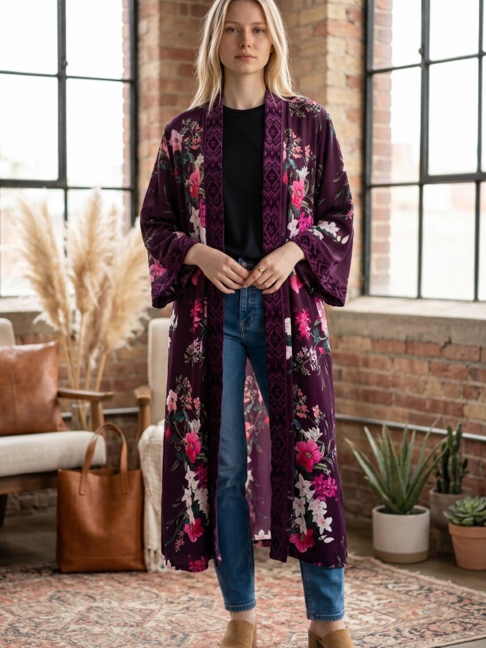 NWT Johnny Was Workshop Velvet Mix Kimono - Burgundy Floral - Medium